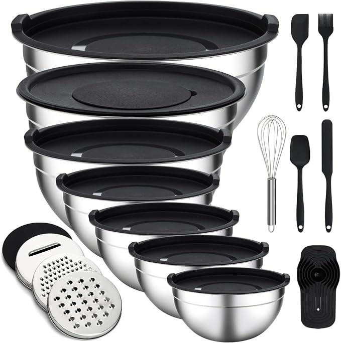 Unokit Mixing Bowls with Lids Set - 16 Pcs Stainless Steel Nesting Mixing Bowls with Grater Attachments, Mixing Bowl Set for Multi Mixing & Serving by Unokit