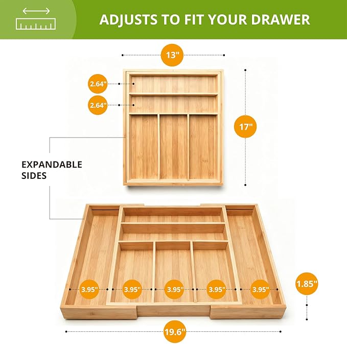 Premium Bamboo Kitchen Drawer Organizer, Perfect for Storing Cutlery, Silverware, and Gadgets, Suitable for Kitchens, Living Rooms, and Bedrooms, 5-7 Compartments, 13 to 19.6 Inches Wide - Image 2