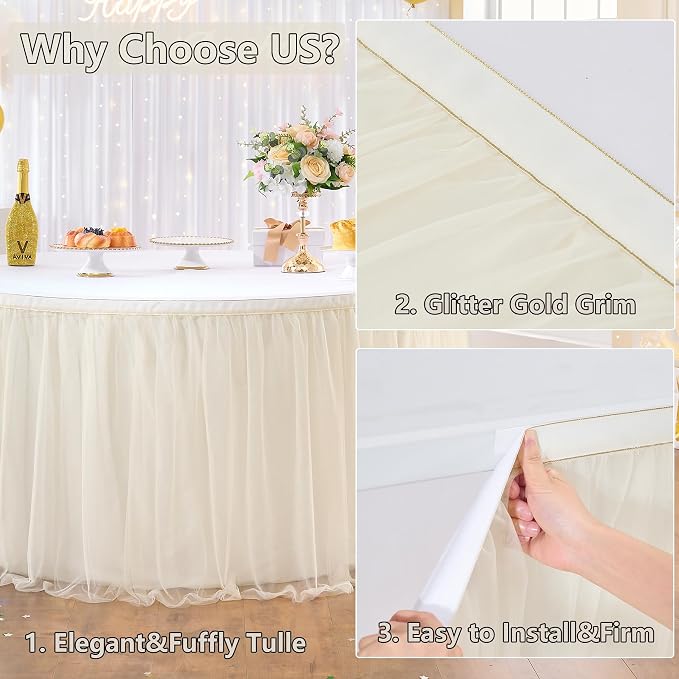 108in Ivory Tulle Table Skirts for Rectangle Tables 6/8/4ft, 2 Layer Gold Grim Ruffle Cream Tulle Tutu Table Skirt 9ft Decor Wedding Birthday Party Baby Shower Cake Dessert Tables(No Table Cover) - Image 3