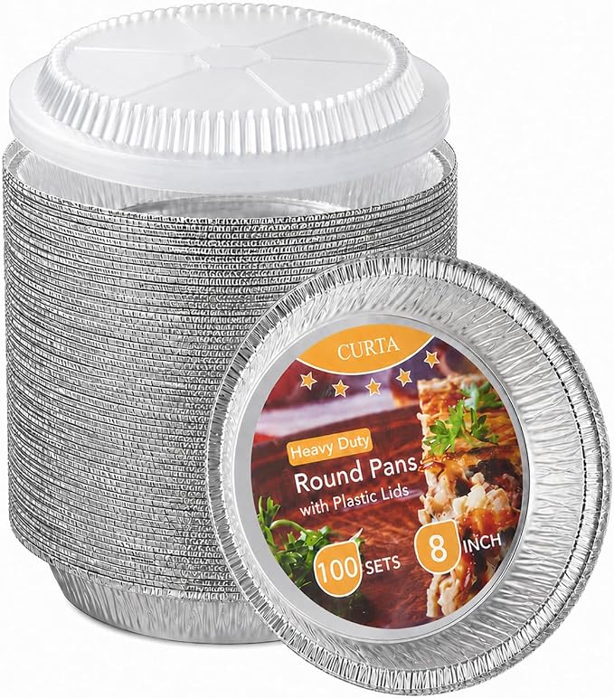 CURTA 8" Round Aluminum Foil Pans with Clear Lids | Heavy Duty | Great for Broiling, Baking, Storage, Roasting, Takeout, Air Fryer | 100 Pack by CURTA