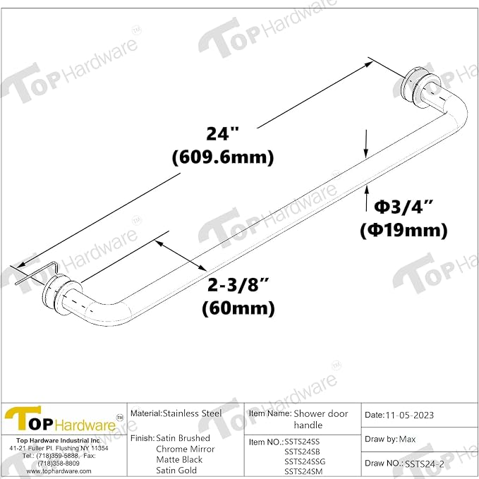 Stainless Steel 304 Grade 24" inch Shower Glass Door Single Side Round Shape Towel Bar for 1/4~3/4" Thickness Glass (SSTS24) (Matt Black) - Image 5