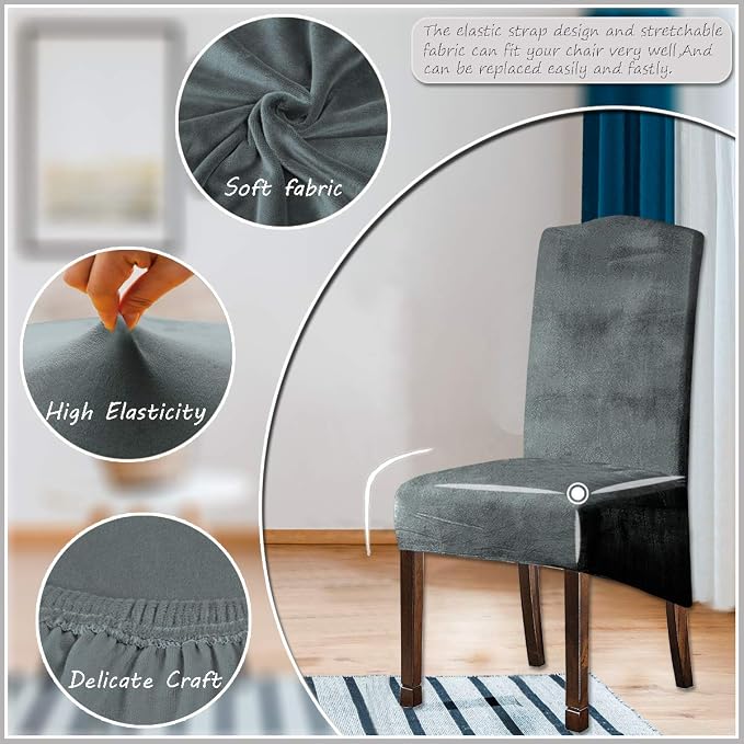 Velvet Plush XL Dining Chair Covers, Stretch Chaircover, Spandex High Chairs Protector Covers Seat Slipcover with Elastic Band for Dining Room,Wedding, Ceremony, Banquet (Light Grey, Set of 2) - Image 2