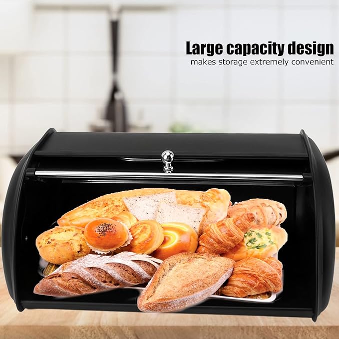 Metal Bread Box, Roll Up Top Lid Storage Container with Window Bread Holder Bin for Bread, Cookies, Bagels, Muffins, Ideal for Restaurant Home Kitchen Countertop (Black) - Image 3