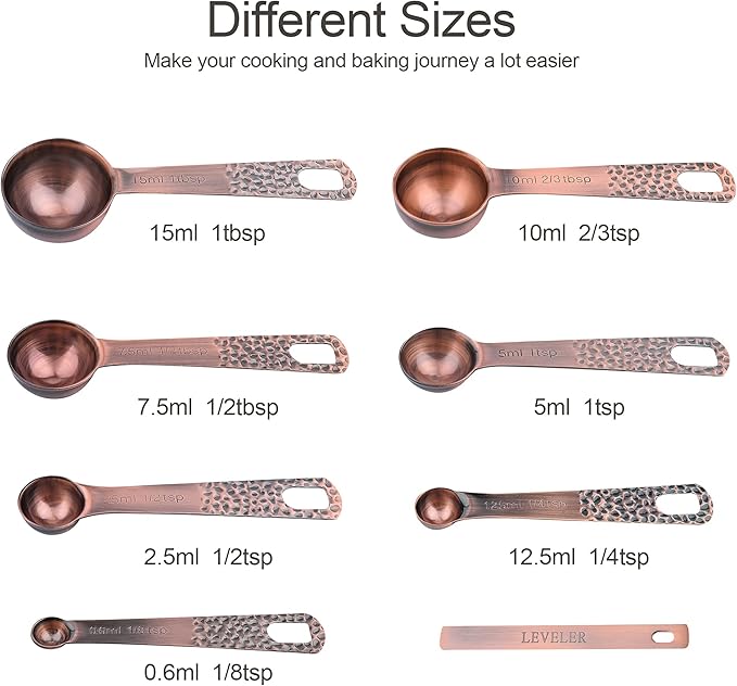 Measuring Cups and Spoons Set 14, Copper Measuring Cups and Spoons Set for Dry & Liquid, Metric & US Stainless Steel 6 Measure Cups and 7 Spoons Set w/Leveler for Kitchen & Baking - Image 5