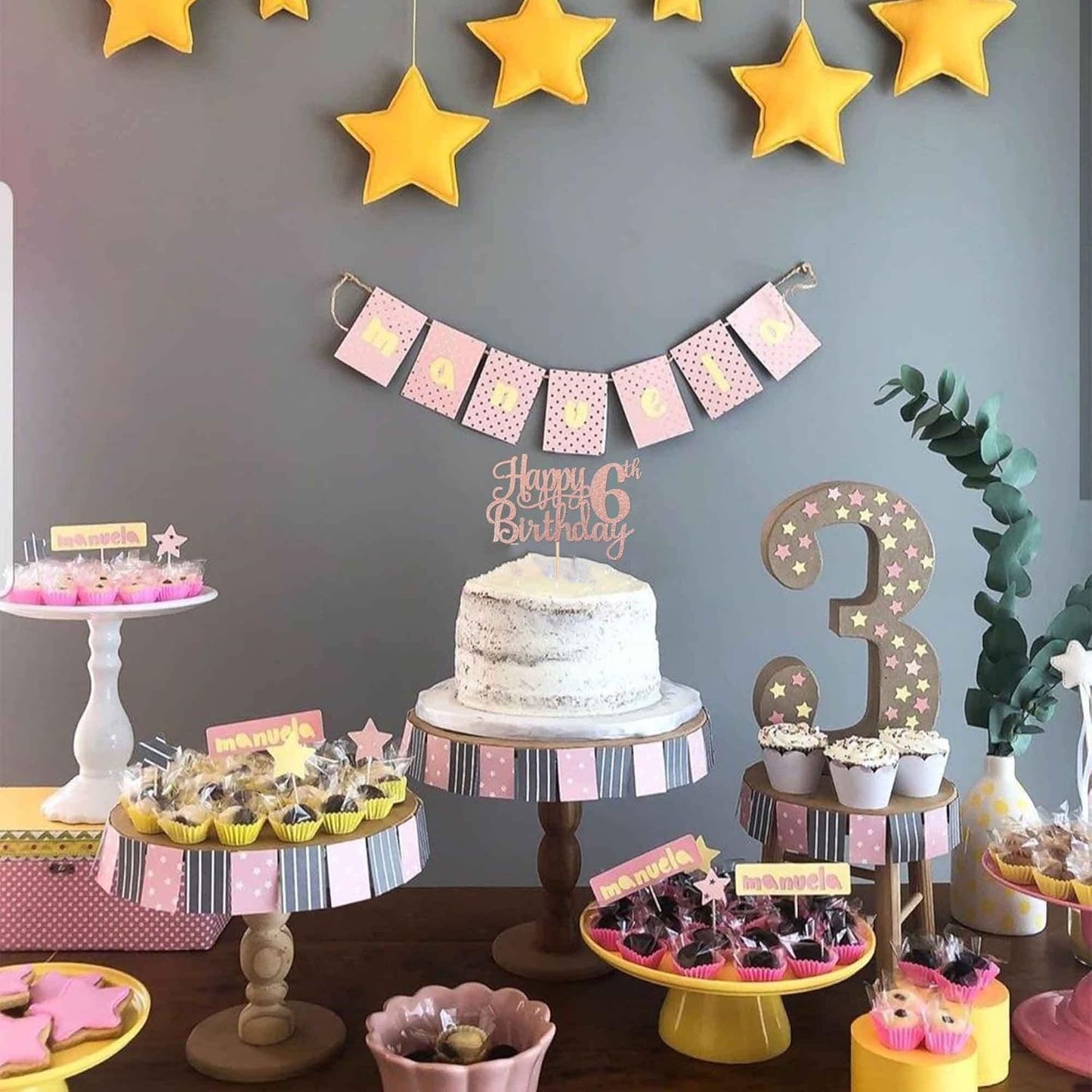 1 PCS Happy 6th Birthday Cake Topper - Glitter Cheers to 6 Years - Fabulous Cake Decoration for 6th Birthday Theme Party - Rose Gold