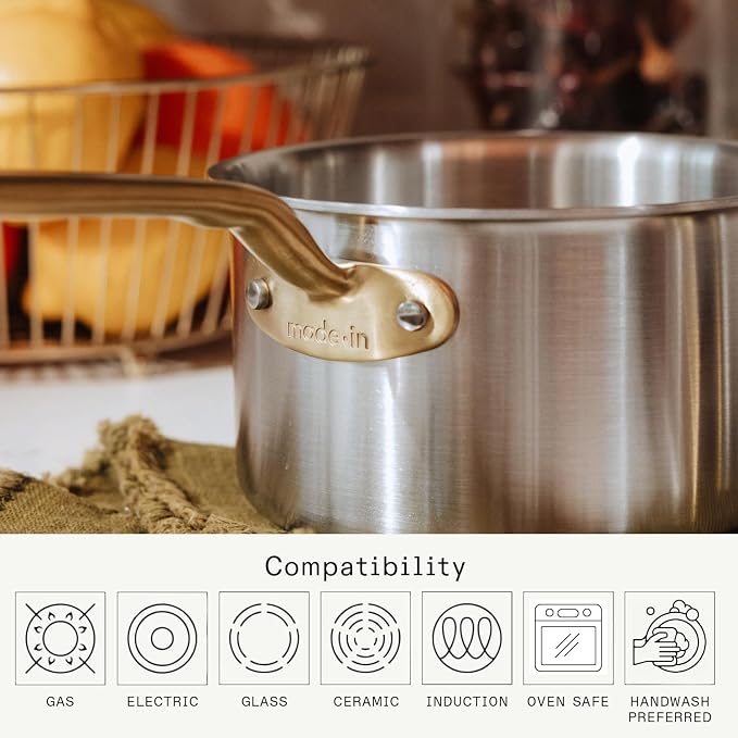 Made In Cookware - 4 Quart Stainless Steel Saucepan with Lid (Antique Brass Handle) - 5 Ply Stainless Clad - Professional Cookware - Crafted in Italy - Induction Compatible - Image 4