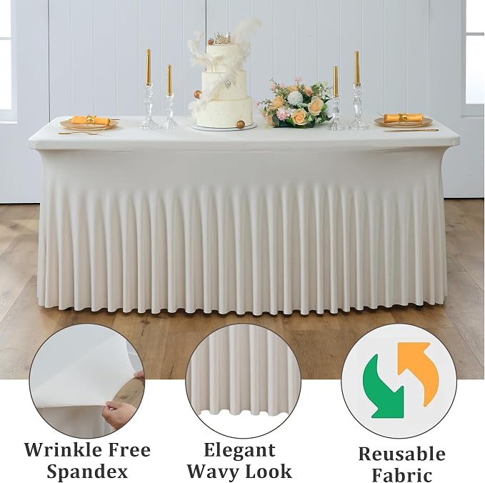6 Pack Beige Spandex Table Clothes for 8 Foot Rectangle Tables, Wrinkle Free Fitted Table Cover 8ft Stretch Tablecloths Desk Skirt for Parties Weddings Birthday Banquet Baby Shower - Image 4