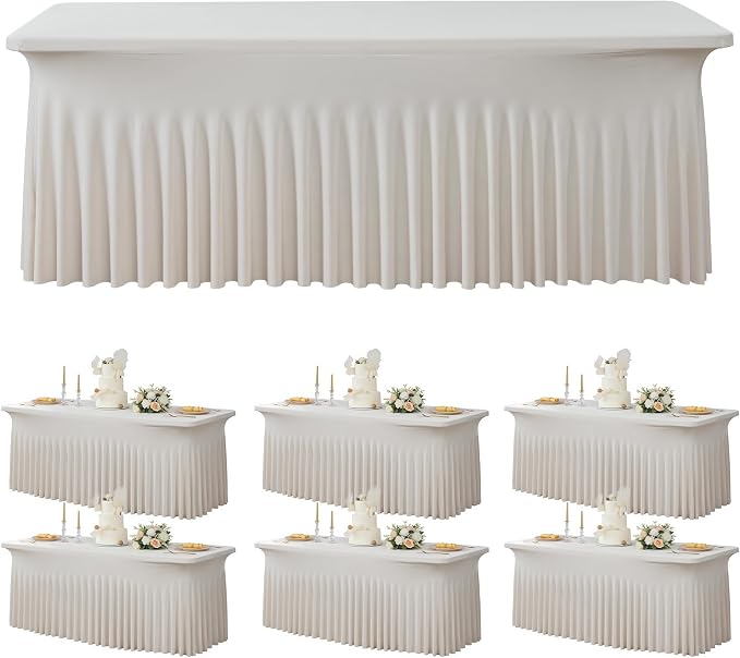 6 Pack Beige Spandex Table Clothes for 8 Foot Rectangle Tables, Wrinkle Free Fitted Table Cover 8ft Stretch Tablecloths Desk Skirt for Parties Weddings Birthday Banquet Baby Shower by Htper