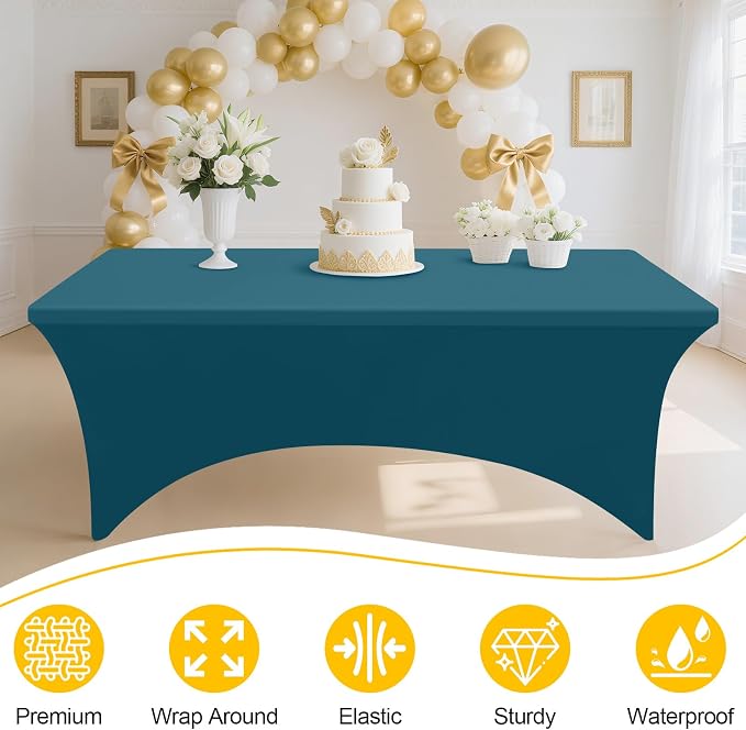 Smiry 2Pack Spandex Table Cloth 6FT, Elastic Fitted Peacock Blue Tablecloth - Image 2
