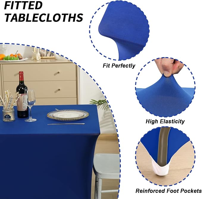 Fixwal 3 Pack 6FT Royal Blue Tablecloth Rectangle Spandex Table Cover - Image 2