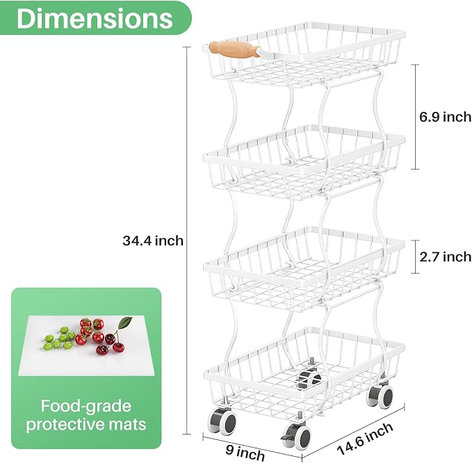 SAYZH 4-Tier Fruit Basket Stand with Vegetable Baskets for Kitchen, White | Stackable Metal Wire Basket, Sturdy Rolling Storage Carts for Kitchen, Pantry Organizer, Snack and Jar Storage - Image 2