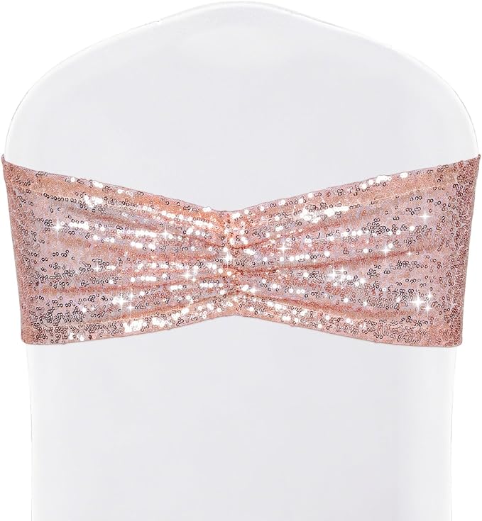 SquarePie Pack of 50 Sequin Chair Sashes Rose Gold Glitter Bows Bands for Wedding Banquet Party Decor by SquarePie