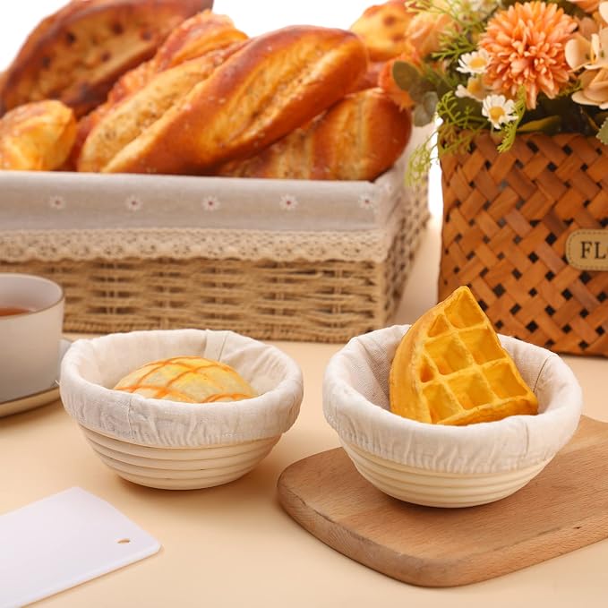 Irenare 10 Pcs Bread Banneton Proofing Basket Round Dough Sourdough Proofing Basket Rattan Bakery Baking Bread Bowl with Liner and Scraper Tool Set for Starter Gifts Professional Home Bakers (5 Inch) - Image 4