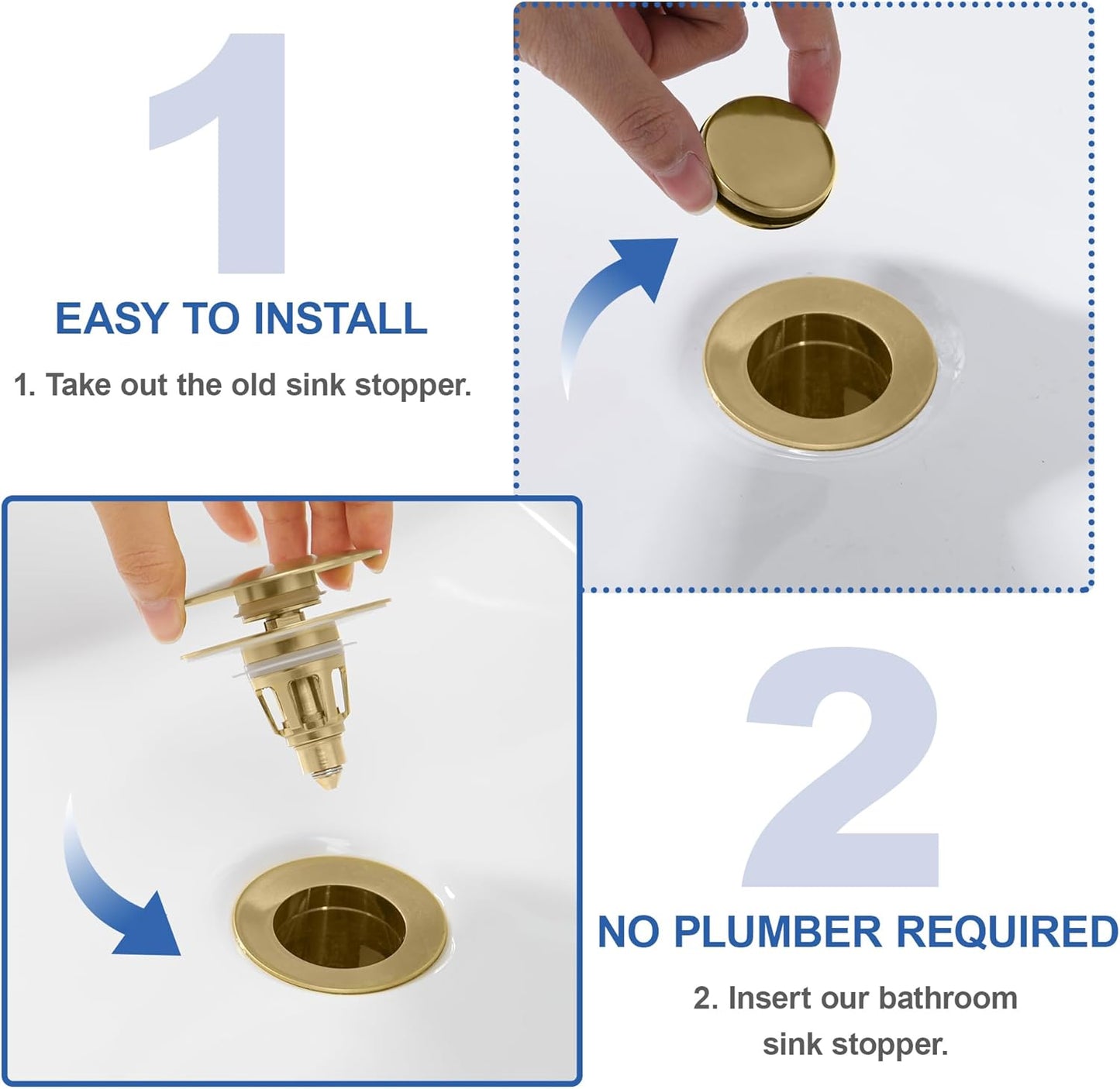 Universal Bathroom Sink Stopper - Pop Up Sink Drain Stopper, Push Button Flixfilter Sink Drain Stopper Replacement, Wash Basin Drain Filter Plug Anti-Clogging Basket, Brushed Gold