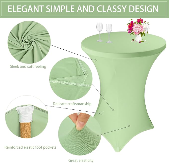 6 Pack Cocktail Spandex Tablecloth 32"x43" Sage Green Stretch Square Corners Cocktail Table Cover Fitted High Top Round Table for Bar Wedding Birthday Party Banquet - Image 3