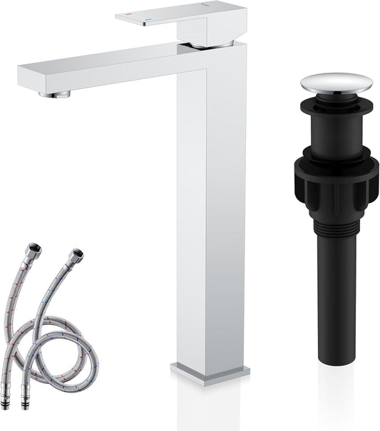 KENES Chrome Bowl Vessel Sink Facuet Single Handle Tall Bathroom Sink Faucet Bathroom Vanity Faucet Basin Mixer Tap with Water Supply Lines and Pop Up Sink Drain, LJ-9031A-5
