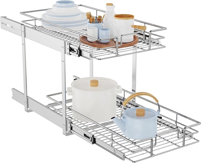 LOVMOR Individual Pull Out Cabinet Organizer, 2 Tier Slide Out Cabinet Drawers, Pots and Pans Organizer and Storage Pantry Shelf for Kitchen (11" W x 18" D) by LOVMOR