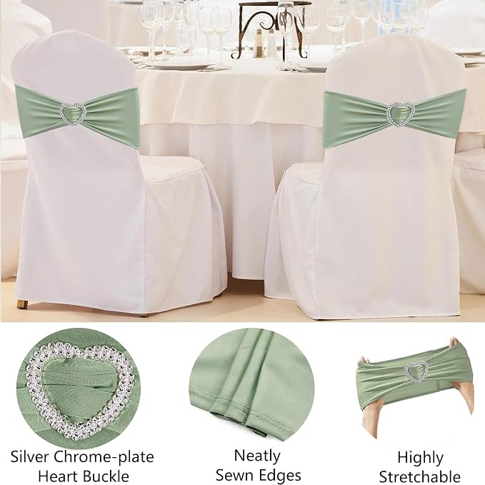 Sage Green Chair Sashes 100 Pack Spandex Sage Sashes for Chairs Covers Stretch Chair Sashes Band with Heart Buckle Slider for Wedding Banquet Party Decorations - Image 4