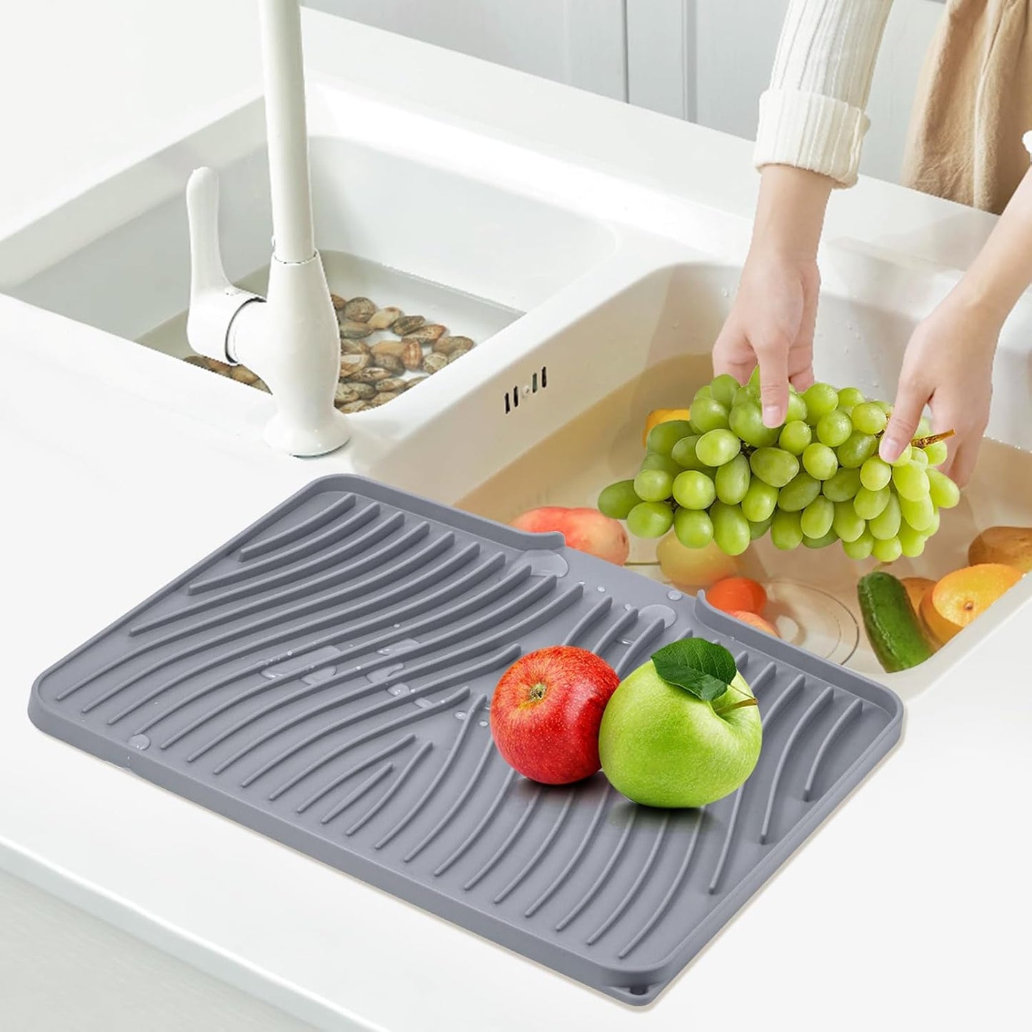 Silicone Dish Drying Mat for Kitchen Counter, Dish Drying Pad, Non-Slip Drain Pad with Built-in Drain, Heat Resistant Stone Drying Mat(15.8" x 13", Grey)