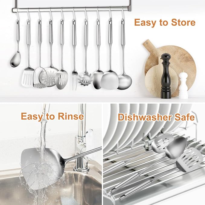 304 Stainless Steel Cooking Utensils Set, 12 Pcs Long Stainless Steel Kitchen Utensils Set, Metal Cooking Utensils Set with Potato Masher, Spoon, Ladle, Skimmer, Pasta Server etc(Dishwasher Safe) - Image 3