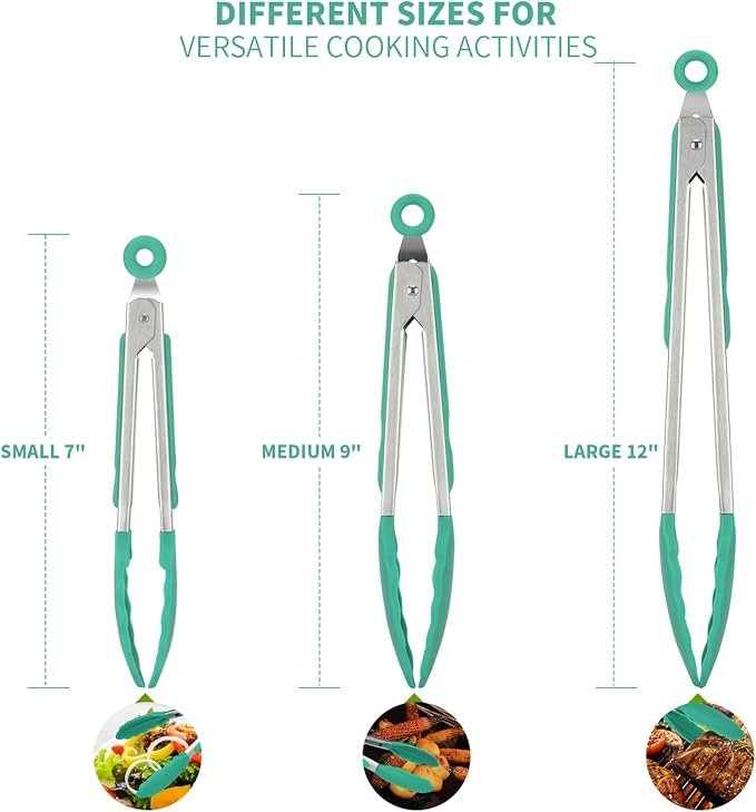 U-Taste Silicone Spatula Set; Kitchen Tongs, 7/9/12 inches, Pack of 3 and 18/8 Stainless Steel Measuring Cups and Spoons Set of 10 Piece (Aqua Sky) - Image 3
