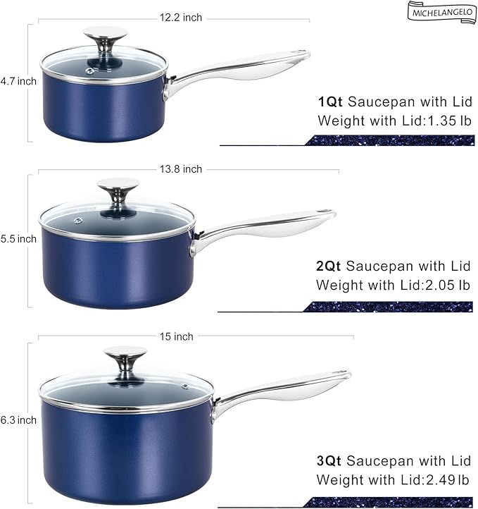 MICHELANGELO Sauce Pan Sets, Ceramic Saucepans with Lids, 1Qt & 2Qt & 3Qt Sauce Pans with Lid, Nonstick Saucepan Set, Small Pot with Stainless Steel Handle, Oven Safe, Blue - Image 7