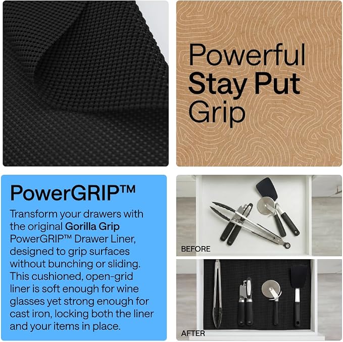 GORILLA GRIP powerGRIP Drawer Shelf and Cabinet Liner, Thick Strong Hold, Non-Adhesive Liners Protect Kitchen Cabinets and Cupboard, Bathroom Drawers, Easy Install, Breathable Mat, 20" x30', Black - Image 3