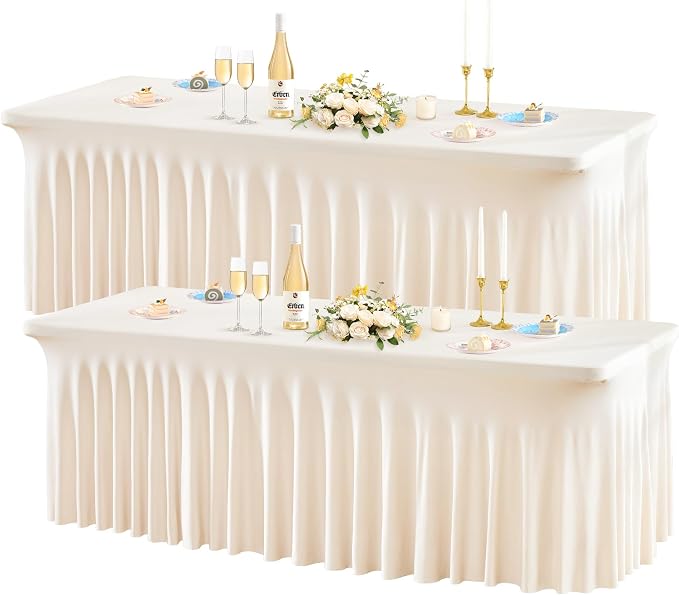 Wish Care 2 Pack Ivory Spandex Table Clothes for 6 Foot Rectangle Tables, 6FT Wrinkle Free Fitted Tablecloths Ruffles Design Table Cover for Party, Banquet, Wedding and Events by WishCare