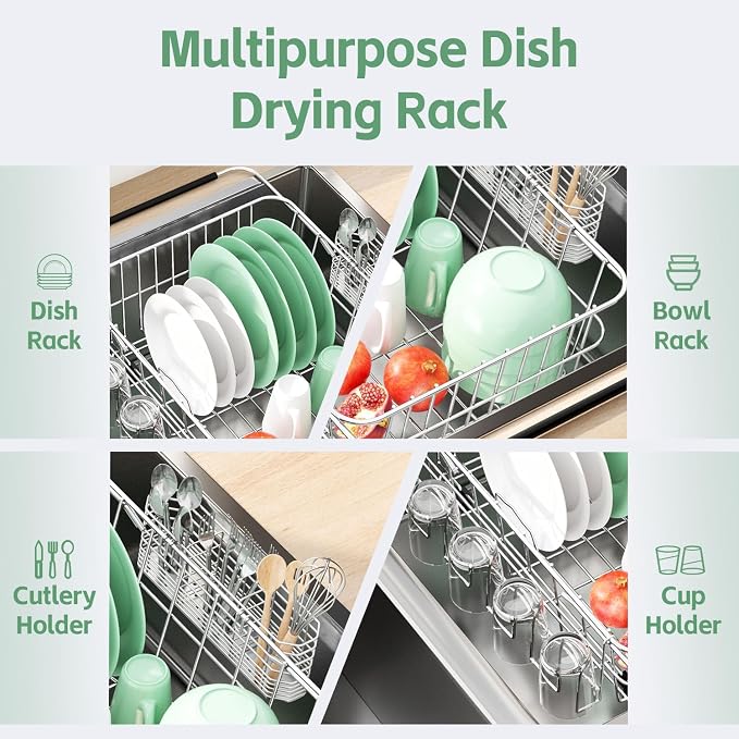 Fanbsy Dish Drying Rack in Sink, Extendable Stainless Steel Dish Drainers for Kitchen Counter, Anti-Rust Dish Dryer Rack with Utensil & Cup Holders, for Inside Sink, Over The Sink - Image 4
