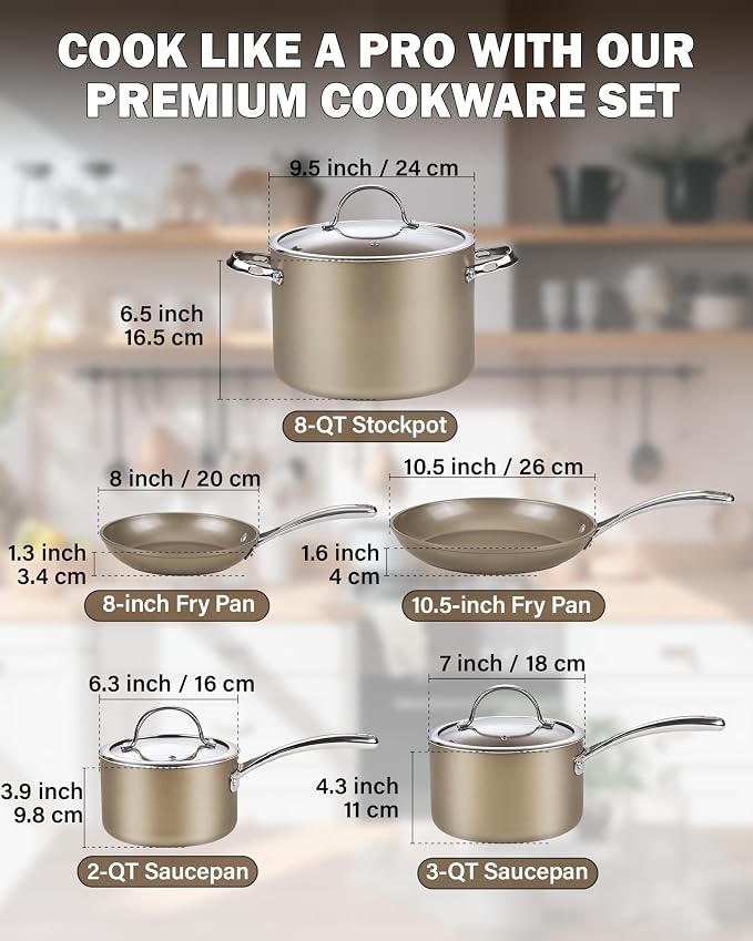 Cooks Standard 8-Piece Hard-Anodized Ceramic Nonstick Cookware Set, Bronze - Image 2