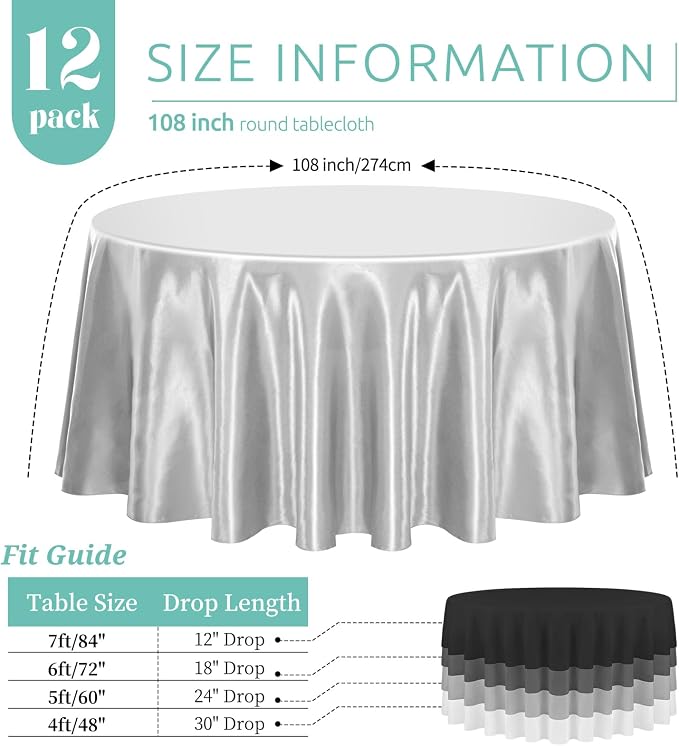 12 Pack 108 Inch Round Satin Tablecloth, Silver - Image 2