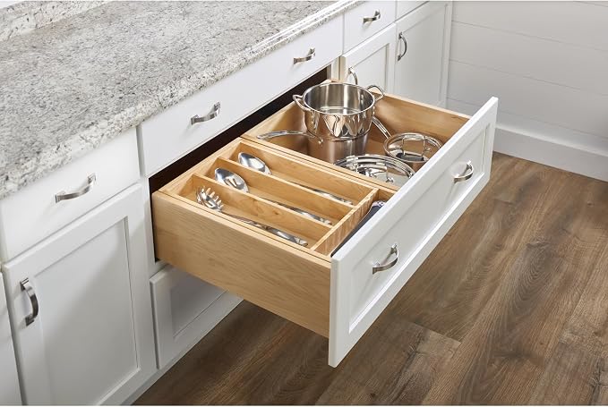 Rev-A-Shelf Trim-to-Fit Shallow Drawer Organizer For Kitchen Utensils, Cutlery Cabinet Storage Divider Insert, 23.98 x 21.97 In, Maple Wood, 4WUT-3SH - Image 8
