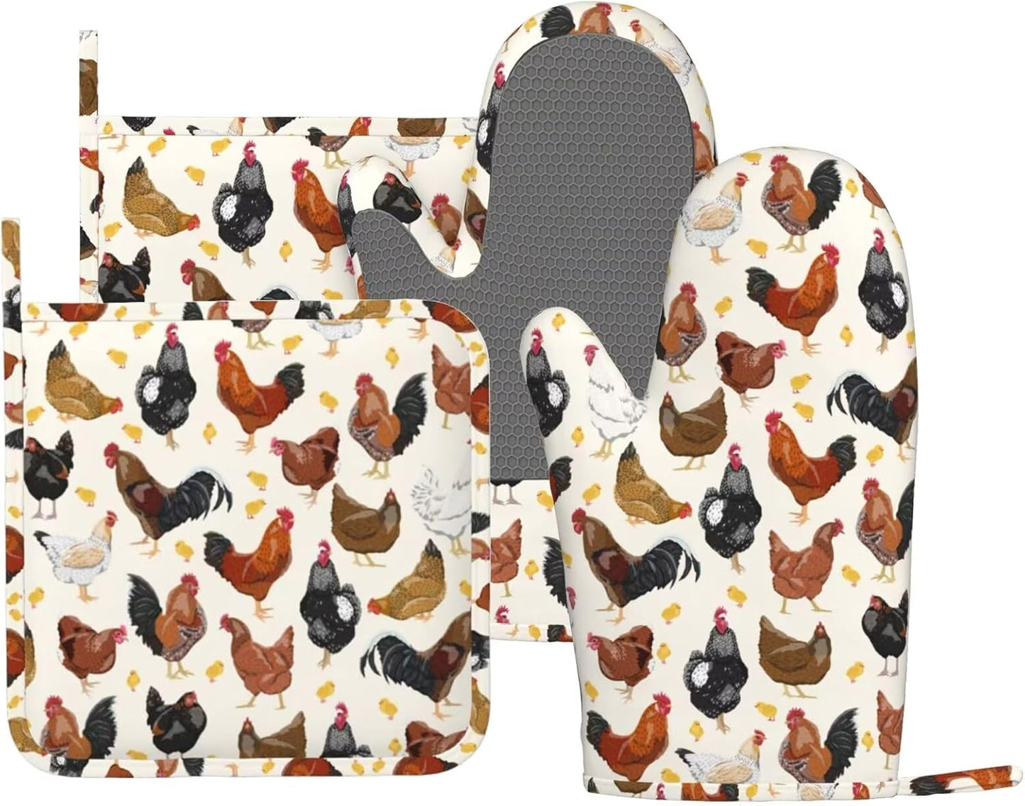 Rooster Hen Oven Mitts and Pot Holders Sets Silicone Rustic Domestic Animal Chicken Kitchen Mitts Potholders Heat Resistant 4Pcs Oven Gloves Hot Pads for Kitchen Baking Cooking BBQ Grilling