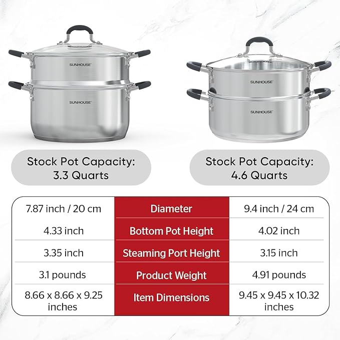 SUNHOUSE 4.6 QT Stainless Steel Steamer Pot for Cooking with Glass Lid - Image 9