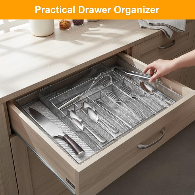 1 Pcs Utensil Drawer Silverware Organizer, Metal Mesh Expandable 13" ~24" Kitchen Drawer Organizer, 7-9 Slots Cutlery Tray Dividers for Kitchen Flatware Christmas Housewarming Gift (Sliver) - Image 5