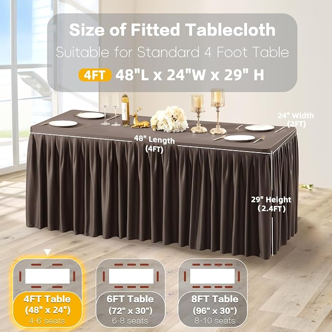 Wish Care Brown Polyester Table Clothes for 4 Foot Rectangle Tables, Wrinkle Free Fitted Table Cover with Pleated Ruffle Table Skirt for Birthday Party Wedding Trade Show Event Display - Image 5
