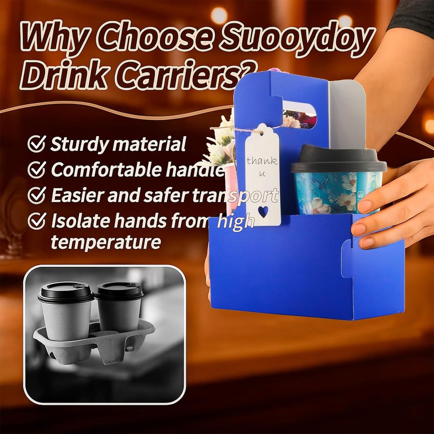 10 Pack 2 Cup Disposable Drink Carrier with Handle Paperboard Coffee Cup Holder Portable for Hot Cold Drinks Food Delivery Services with Heart Card for Teacher Appreciation Week Mother's Day