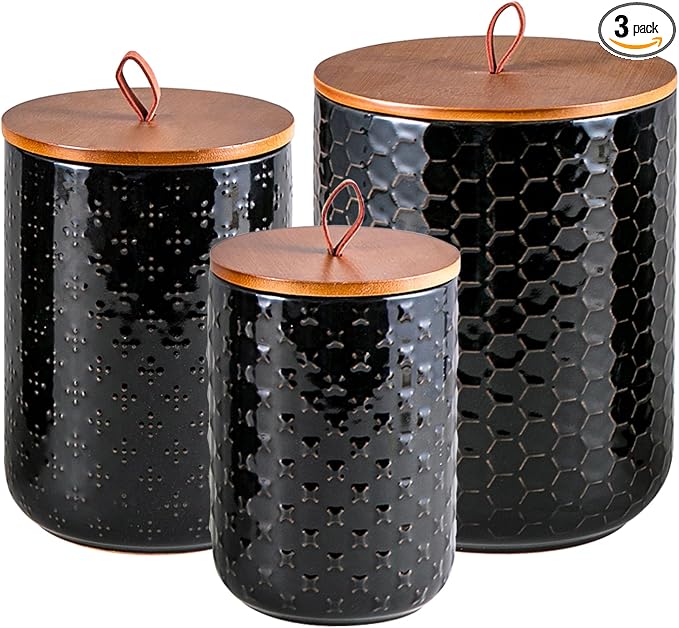 JOJUNO Black Embossed Ceramic Canister 3 Piece with Airtight Bamboo Lid by Unknown