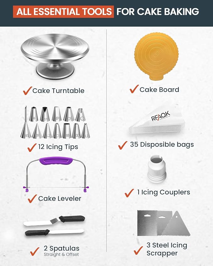 RFAQK 50PCs Cake Decorating Supplies Kit with 12" Aluminum Rotating Cake Turntable Stand, Professional Leveler, Straight & Offset Spatulas, 12 Numbered Icing Tips & Bags - Image 2