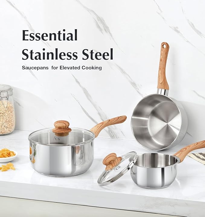 KOCH SYSTEME CS Stainless Steel Saucepan, 1 Quart Saucepan with Lid & Heat-resistant Bakelite Handle, Tri-ply Bottom Steel Sauce Pan with Lid, Induction Ready, Stainless Steel Pot 1QT - Image 7