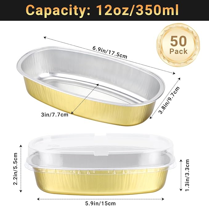 Beasea 6 Inch Oval Cheesecake Pan, 50 Pack With Lids - Golden Disposable Mini Bread Loaf Pans, Ellipse Aluminum Bakeware for Oven Baking - Image 2