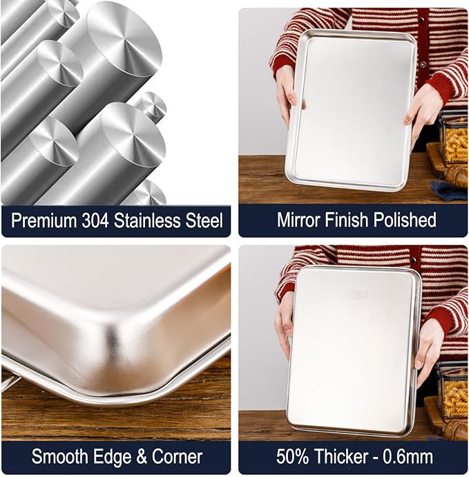 Little Serving Trays Stainless Steel 304 in Bulk Small Cookie Baking Sheet Pans 10.4 x8.1 x1.1Inch (Diagonal 12.3) Reheat Food Small Items No Rust Dishwasher Safe Bakeware for 2 Person 12 Pack - Image 3