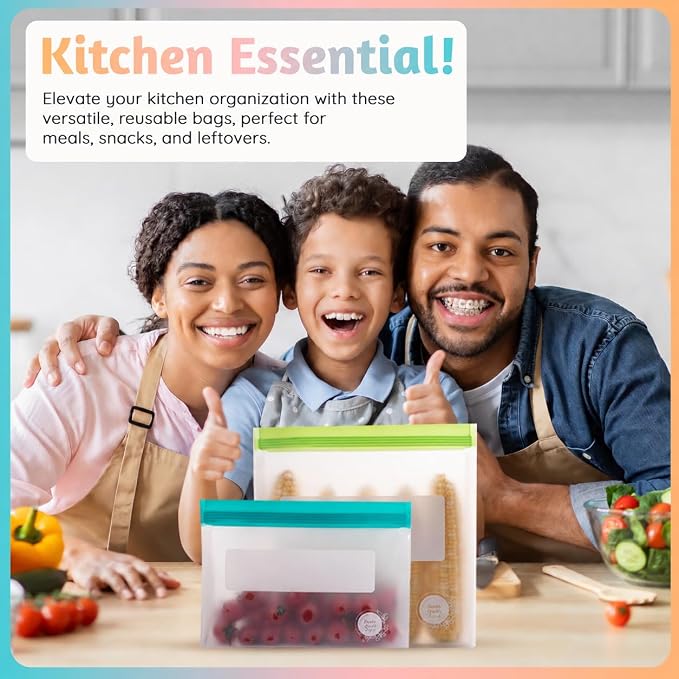 Reusable Food Storage Bags – 14-Pack Stand-Up, BPA-Free, Freezer, Dishwasher Safe & Eco-Friendly – 3 L, 8 M, 3 S Bags – Airtight Leakproof, Sandwich, Snack, and Meal Prep Baggies (Multicolor) - Image 10