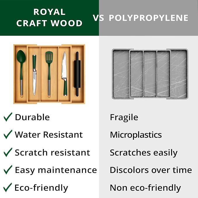 ROYAL CRAFT WOOD Luxury Bamboo Kitchen Drawer Organizer - Silverware Organizer - Utensil Holder and Cutlery Tray with Grooved Drawer Dividers for Flatware and Kitchen Utensils (5 Slot, Natural) - Image 8