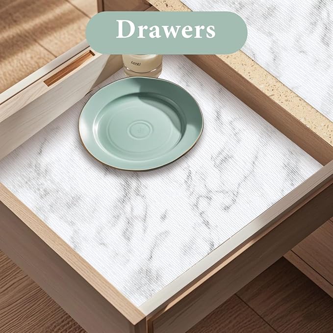 Drawer and Shelf Liner for Kitchen Cabinet Non Slip Waterproof Shelf Paper Non Adhesive Refrigerator Liners White Marble Easy Liners for Bathroom Cupboard (White Marble, 12 in X 10 Ft) - Image 3