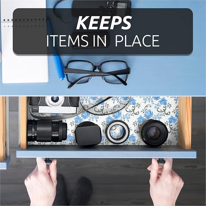 FIFTY FEET 18X96 Inch Shelf Liner for Kitchen Cabinets, PVC Drawer Liner for Dresser Non-Slip Bathroom, Non-Adhesive Cabinet Liner Washable (Blue Floral)(5 Roll) - Image 6