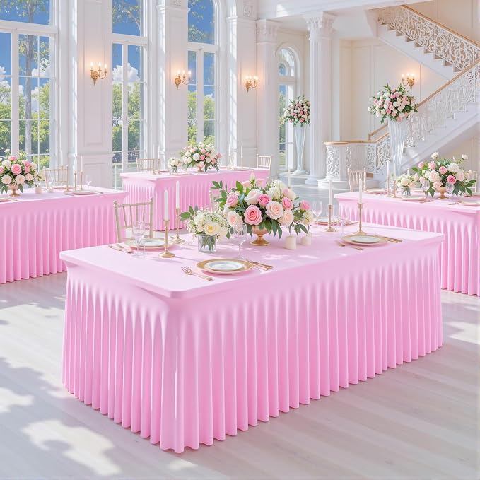 gogoparti 6 Pack Spandex Pink Fitted Table Cloth for 6ft Rectangle Tables Pink Stretch Tablecloth Table Covers Banquet Table Clothes Wrinkle Free Table Skirt for Parties Wedding - Image 9