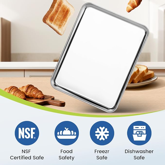BIEAMA 6 Pack Stainless Steel Toaster Oven Baking Sheets, 16 x 12 in | Stainless steel pans with no chemical coating, mirror-polished finish and rolled edges; dishwasher safe, oven safe to 500°F. - Image 5