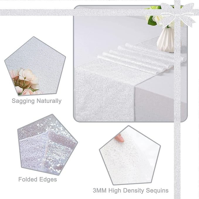 White Sequin Table Runner 12 Pack, 12''x72 Glitter Table Runner - Image 4