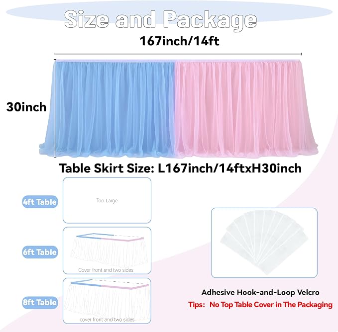167in Blue Pink Tulle Table Skirts for Rectangle Tables 6/8ft, 2-Layer Gold Grim Ruffle Gender Reveal Tulle Tutu Cloth Table Skirt 14ft for Birthday Party Baby Shower Cake Dessert(No Table Cover) - Image 4